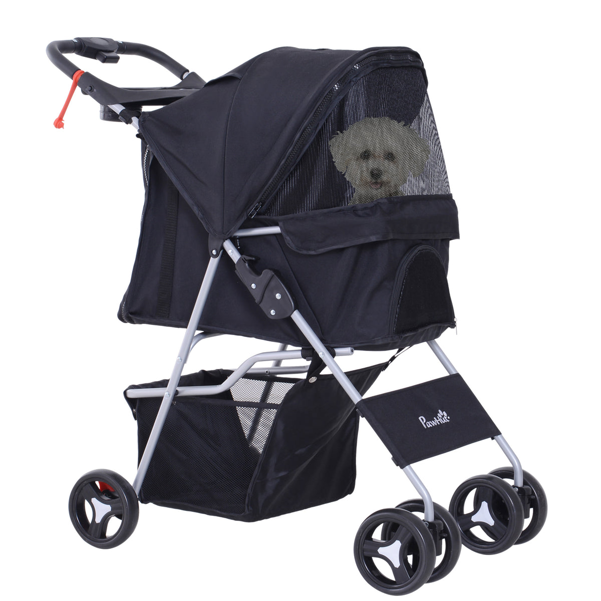 Passeggino per Cani Piccoli Pieghevole, Carrozzina per Cani con Ruote con Freni, Portabicchieri, Cestino Portaoggetti, 3 Finestre e Ruote Anteriori a 360, per Animali Domestici 10 kg, Nero