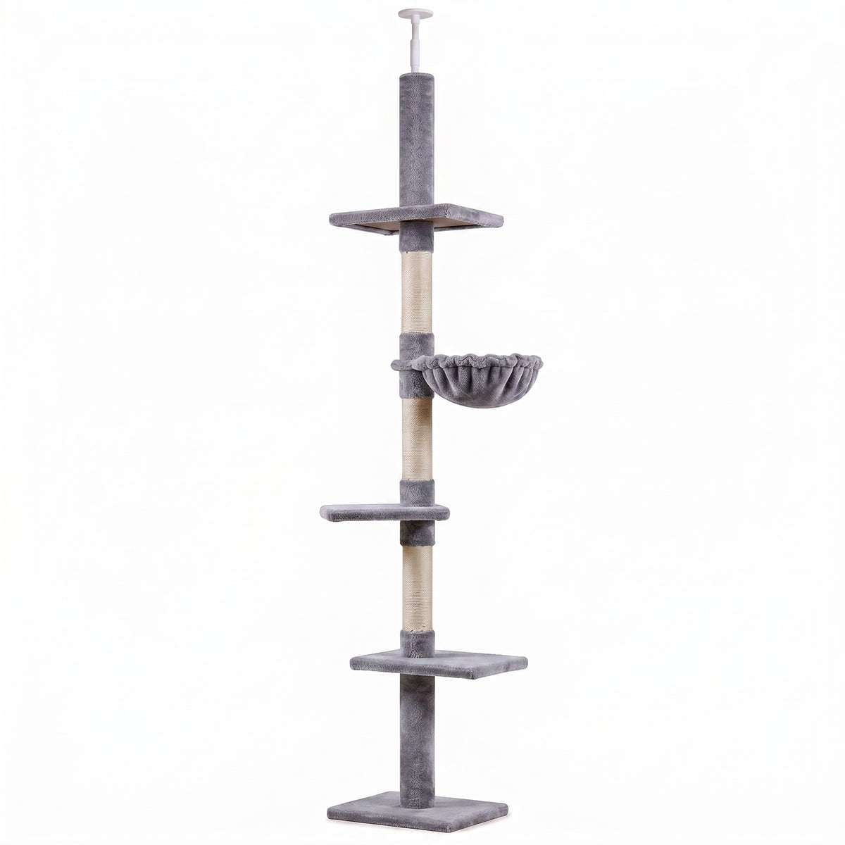 Albero Tiragraffi a 4 Livelli ad Altezza Regolabile, in Truciolato, Peluche e Sisal, 40x34x230-260 cm, Grigio