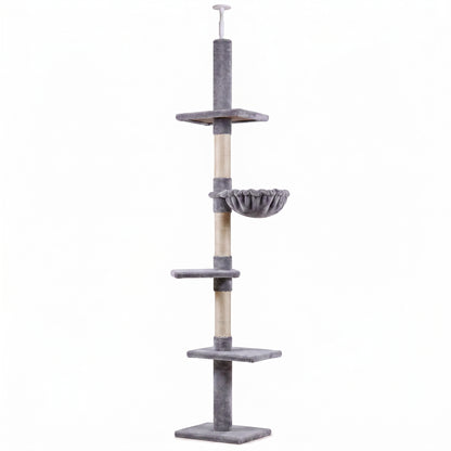 Albero Tiragraffi a 4 Livelli ad Altezza Regolabile, in Truciolato, Peluche e Sisal, 40x34x230-260 cm, Grigio