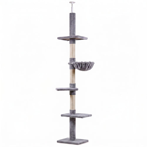 Albero Tiragraffi a 4 Livelli ad Altezza Regolabile, in Truciolato, Peluche e Sisal, 40x34x230-260 cm, Grigio