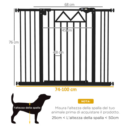 Cancelletto per Cani con 4 Viti Regolabili e Nastro Adesivo, in Metallo e Plastica, 74-100x76 cm, Nero