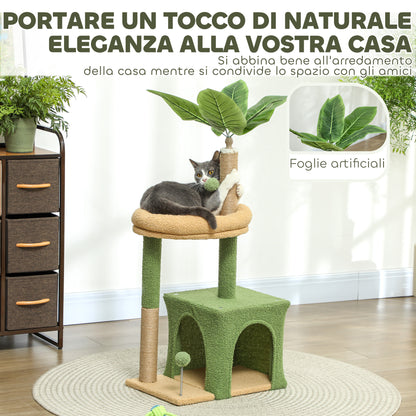Albero Tiragraffi per Gatti con Casetta, Lettino e 2 Palline, in Legno e Poliestere, 44x30x98 cm, Verde e Marrone