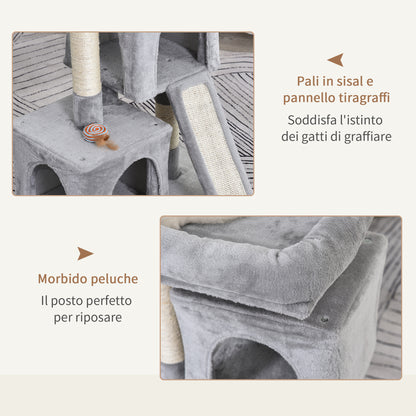 Albero Tiragraffi per Gatti con Pali in Sisal, Lettino e 2 Casette, 59x39x83cm, Grigio