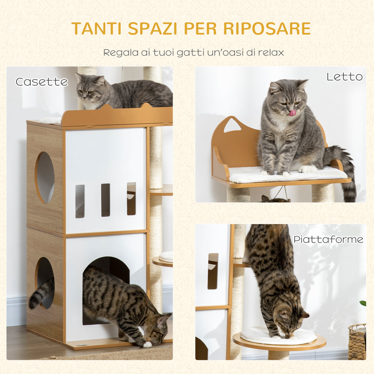 Albero per Gatti in MDF con Tiragraffi per Gatti, 2 Casette per Gatti, Posatoi e Pallina da Gioco, 60x48x133 cm