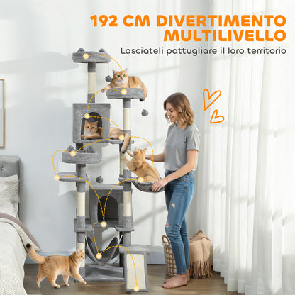 Albero Tiragraffi per Gatti con Scala, 2 Amache, 3 Posatoi, 2 Casette e 3 Piattaforme, 48x48x192 cm, Grigio e Crema
