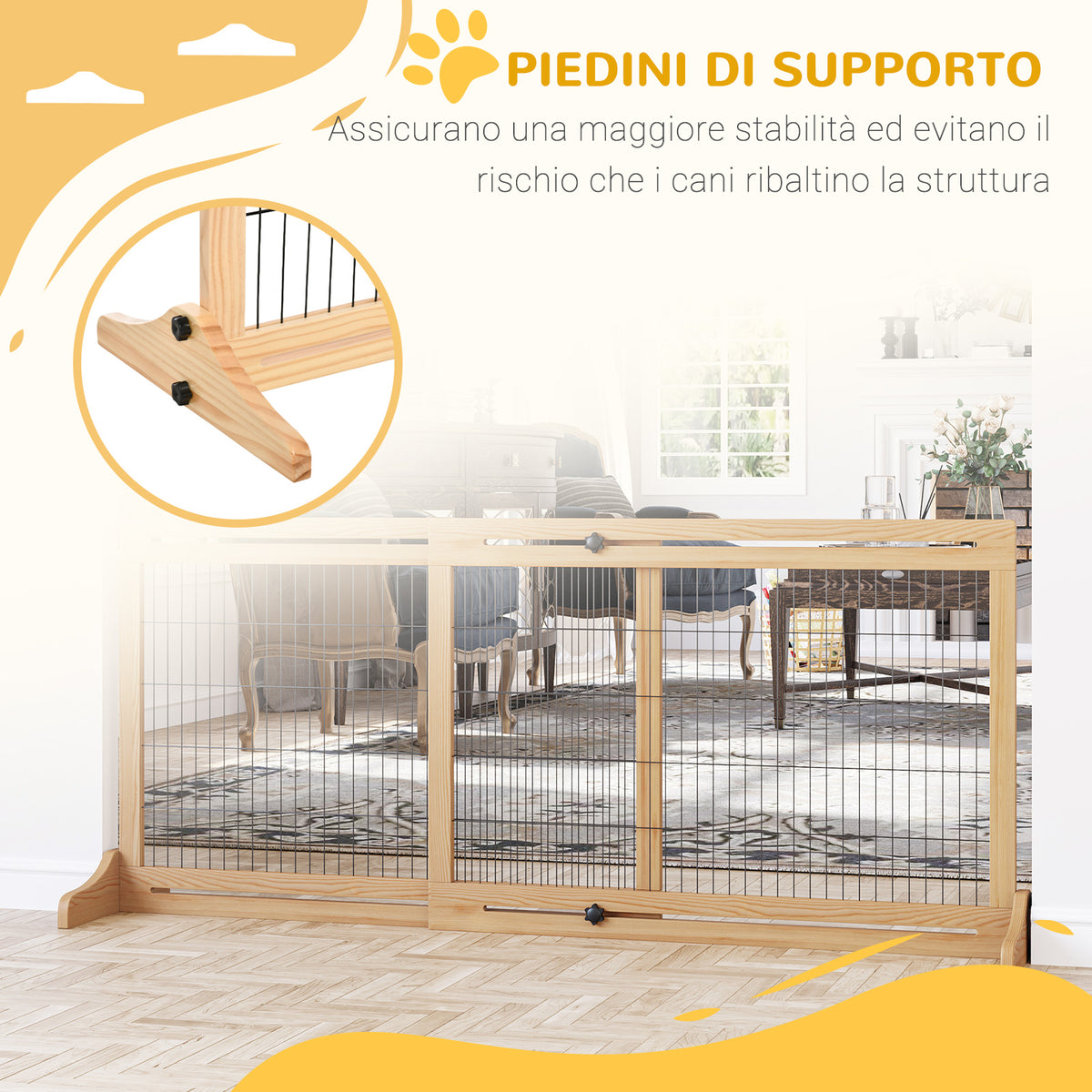 Cancellino per Cani da Interno Estensibile in Legno di Pino e Acciaio, 104-180x36x69 cm, Color Legno