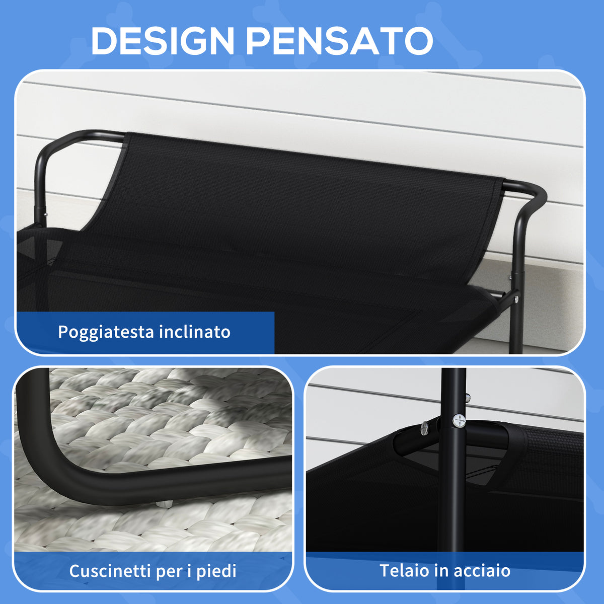 Lettino per Cani Rialzato con Poggiatesta Interno ed Esterno, 106x81x33 cm, Nero