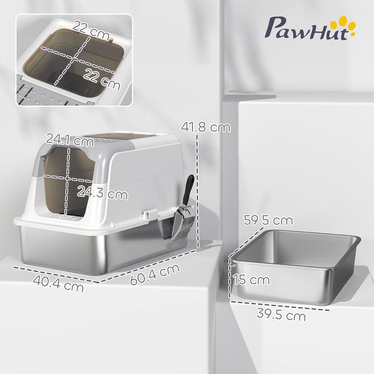 Lettiera per Gatti Chiusa a 2 Ingressi con Deodorante e Paletta, 60.4x40.4x41.8 cm, Bianco e Grigio