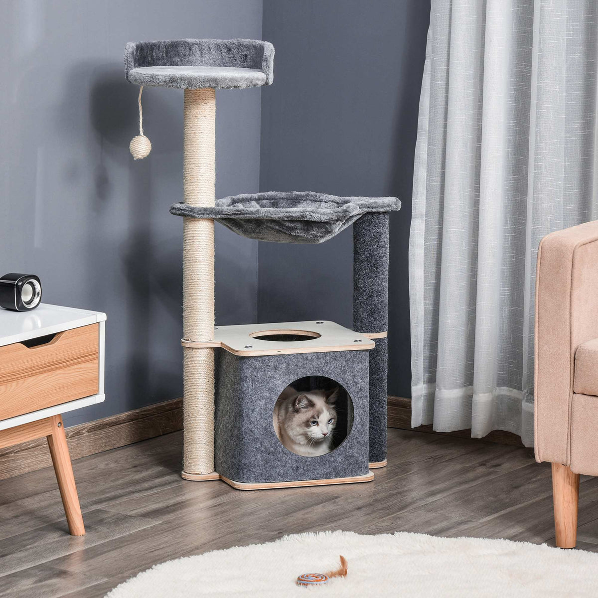 Albero Tiragraffi per Gatti Alto 95cm, Palestra per Gatti di Multilivelli con Casetta, Amaca, Pallina da Gioco, Cuccia e Corde in Sisal, 48x34x95cm, Grigio