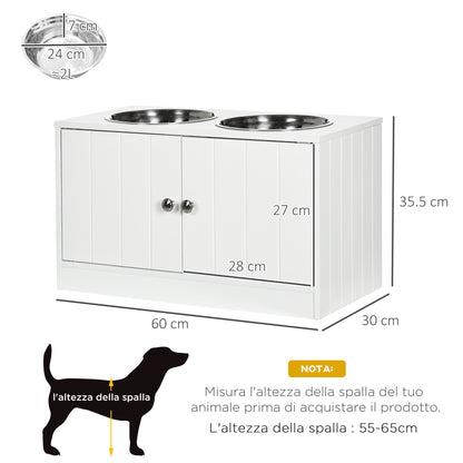 Ciotole per Cani Rialzate con Armadietto da 44L e 2 Ciotole in Acciaio, 60x30x35.5cm, Bianco