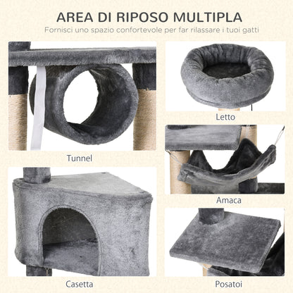 Tiragraffi per Gatti con Cuccia, Amaca, e Pali in Sisal, Grigio