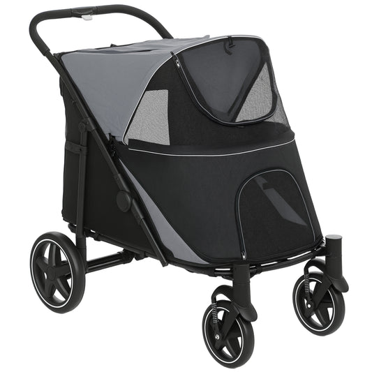 Passeggino per Cani Pieghevole con Ingressi a Cerniera e Finestre a Rete, 112x65x100 cm, Grigio Scuro e Nero
