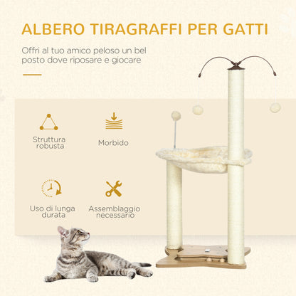 Albero Tiragraffi per Gatti max 5kg con Amaca, Palline da Gioco e Pali in Sisal, 53.5x53.5x90 cm, Beige