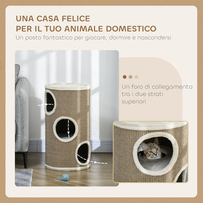 Cuccia per Gatti a 3 Livelli con Tiragraffi in Sisal e Peluche, 38x70cm, Marrone