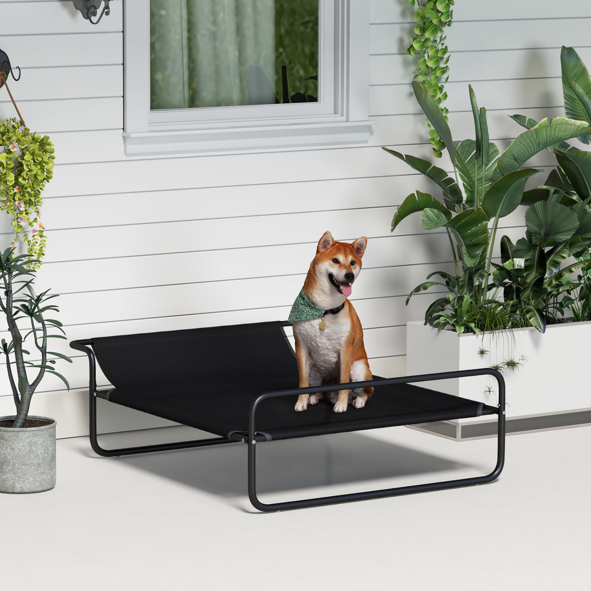 Lettino per Cani Rialzato con Poggiatesta Interno ed Esterno, 106x81x33 cm, Nero