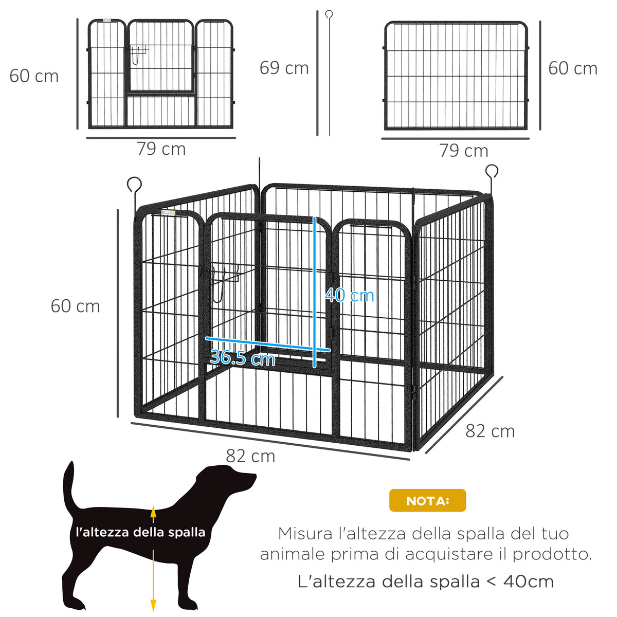 Recinto per Cani Pieghevole in Metallo, per Interno ed Esterno con Porta e Picchetti, 82x82x60cm Grigio