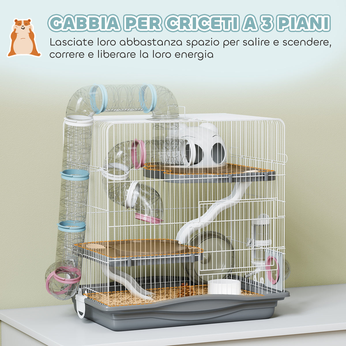 Gabbia per Criceti a 3 Livelli e 14 Tubi con Casetta, Rampa, e Accessori, in Metallo e Plastica, 45x30x45 cm, Grigio