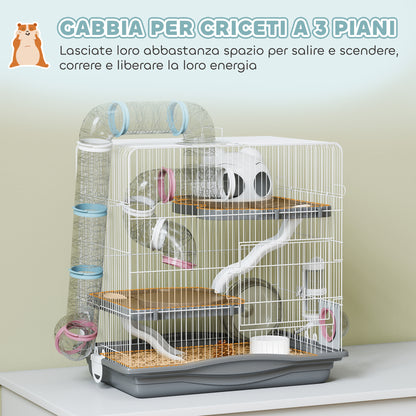 Gabbia per Criceti a 3 Livelli e 14 Tubi con Casetta, Rampa, e Accessori, in Metallo e Plastica, 45x30x45 cm, Grigio