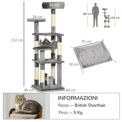 Albero Tiragraffi Giocattolo per Gatti a 4 Livelli con Amaca Cuccia Piattaforme in Peluche Sisal Naturale Altezza 132cm Grigio