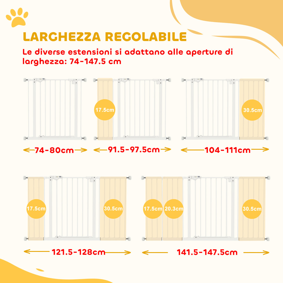 Cancellino per Cani a 3 Estensioni con Larghezza Regolabile 74-148 cm e Chiusura Automatica, Bianco