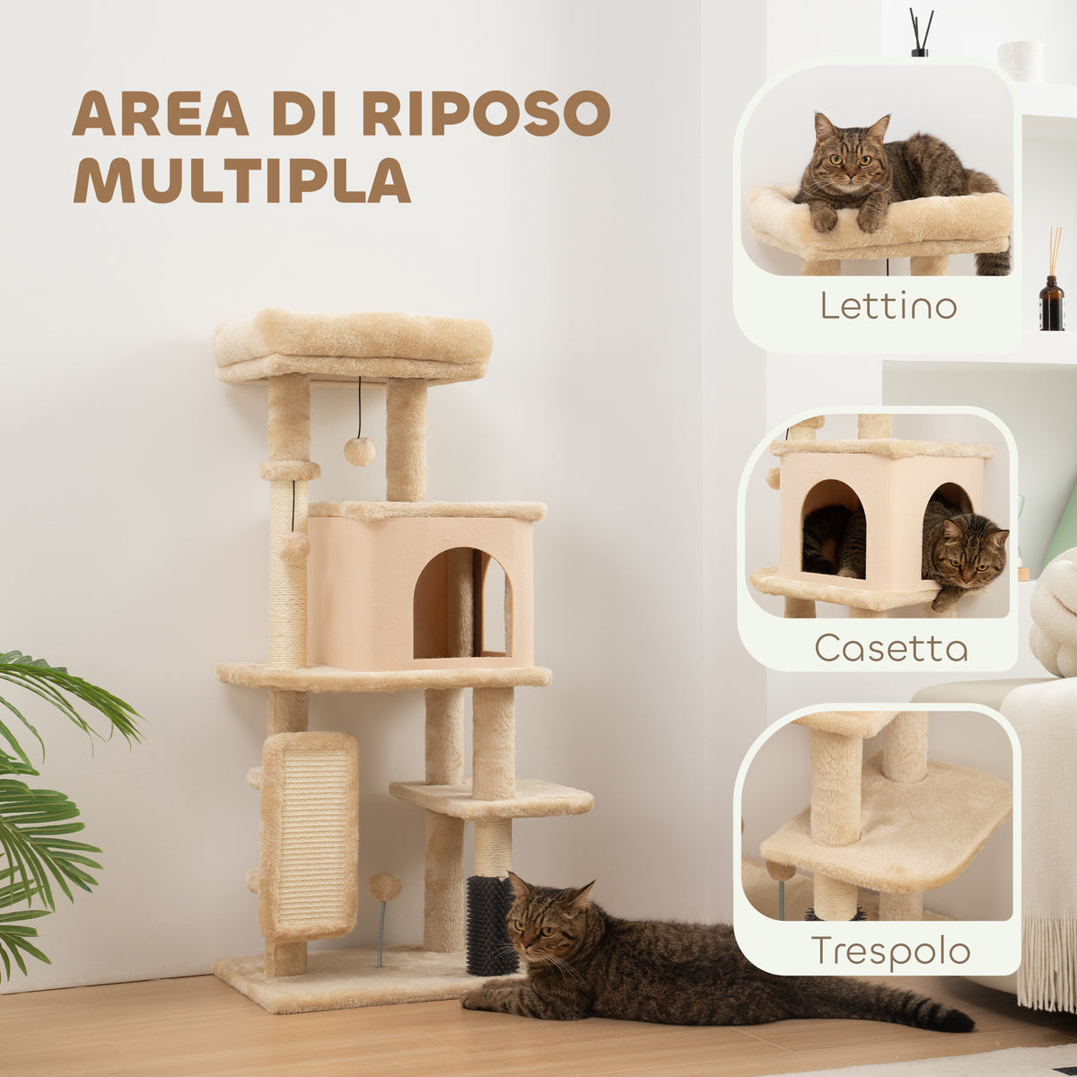 Albero per Gatti Multilivello Alto 104 cm con Casetta, Lettino, Pali Tiragraffi, Spazzola e Pallina, Beige