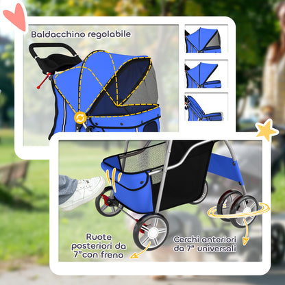 Passeggino per Cani Pieghevole con Copertura Antipioggia, Ruote Girevoli e Cuscino Lavabile, Blu