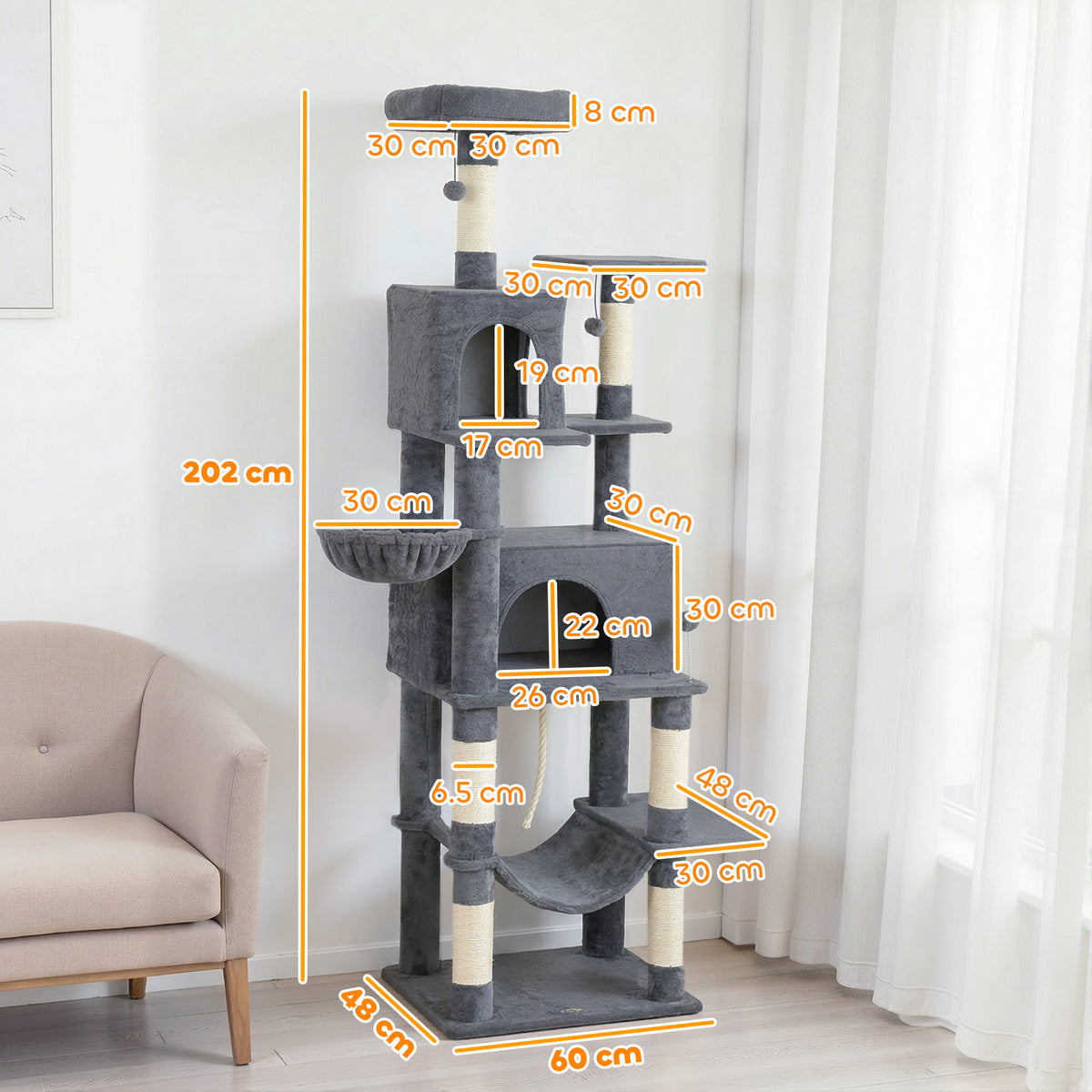 Albero Tiragraffi per Gatti Alto 202 cm con 6 Pali in Sisal, 2 Casette, 2 Amache e Lettino, Grigio
