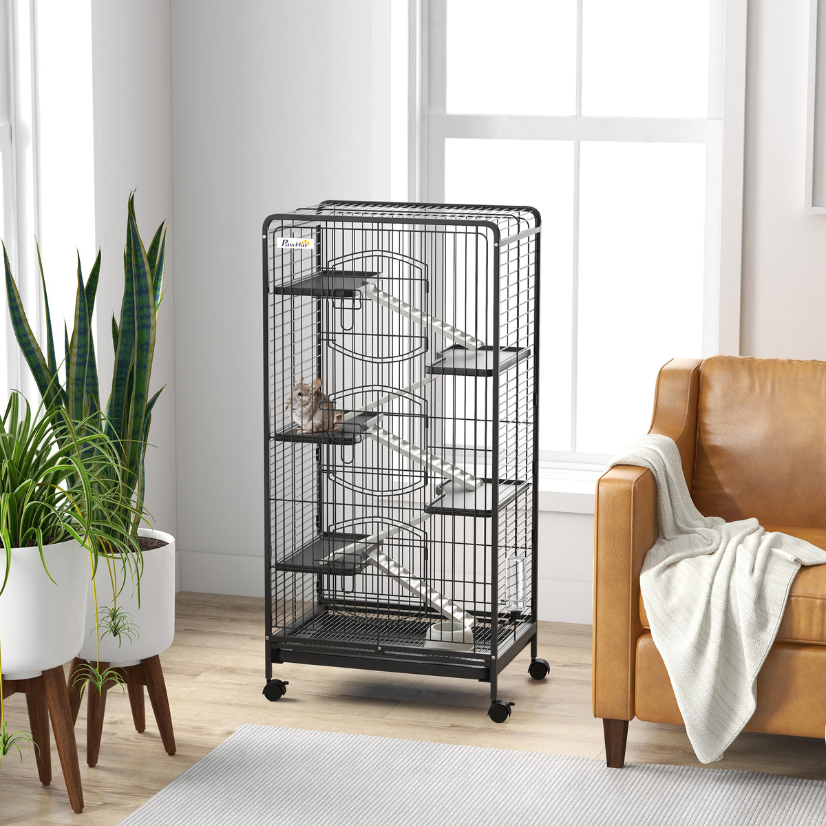 Gabbia per Piccoli Animali con Ruote, 5 Rampe e 5 Piattaforme, Ciotola e Bottiglia, 61.5x44x131 cm, Nero