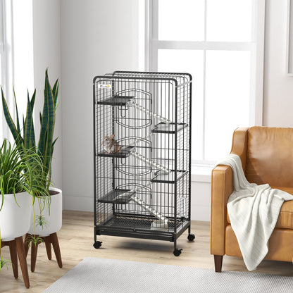 Gabbia per Piccoli Animali con Ruote, 5 Rampe e 5 Piattaforme, Ciotola e Bottiglia, 61.5x44x131 cm, Nero