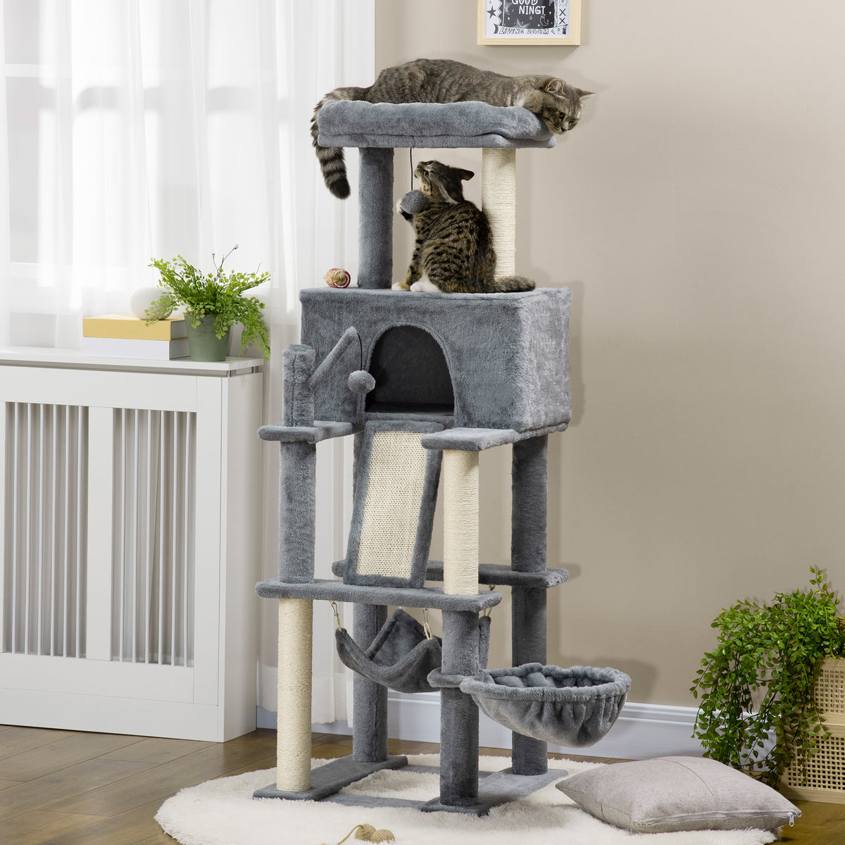 Albero Tiragraffi per Gatti con Pali in Sisal, Casetta, Lettino e Amache, 48x48x140cm, Grigio