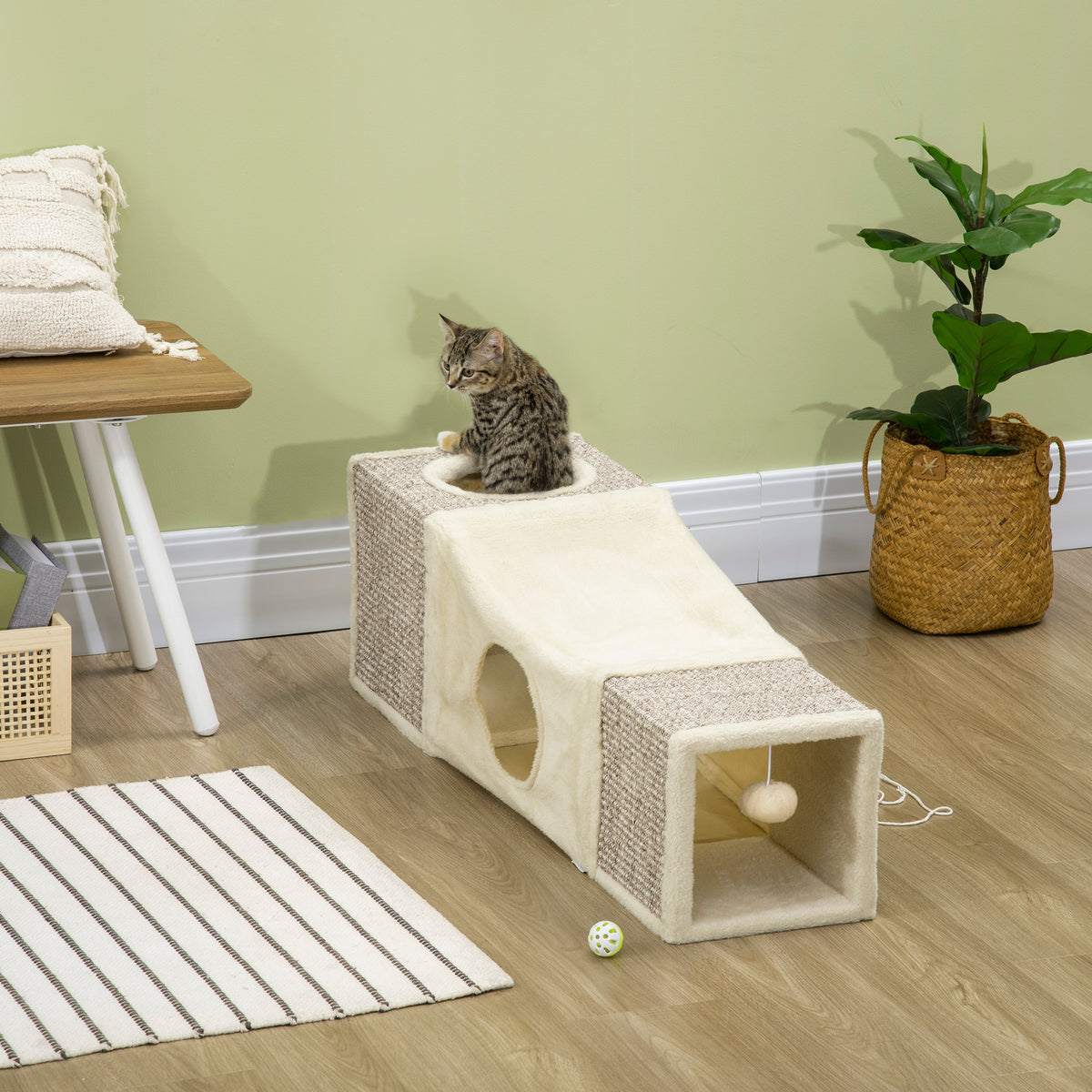 Tunnel per Gatti Pieghevole con Casette, Tiragraffi e Pallina in Peluche e Sisal, Crema