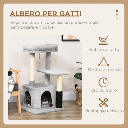 Albero Tiragraffi per Gatti Multilivello con Lettino e Casetta, Rivestimento in Peluche, Grigio