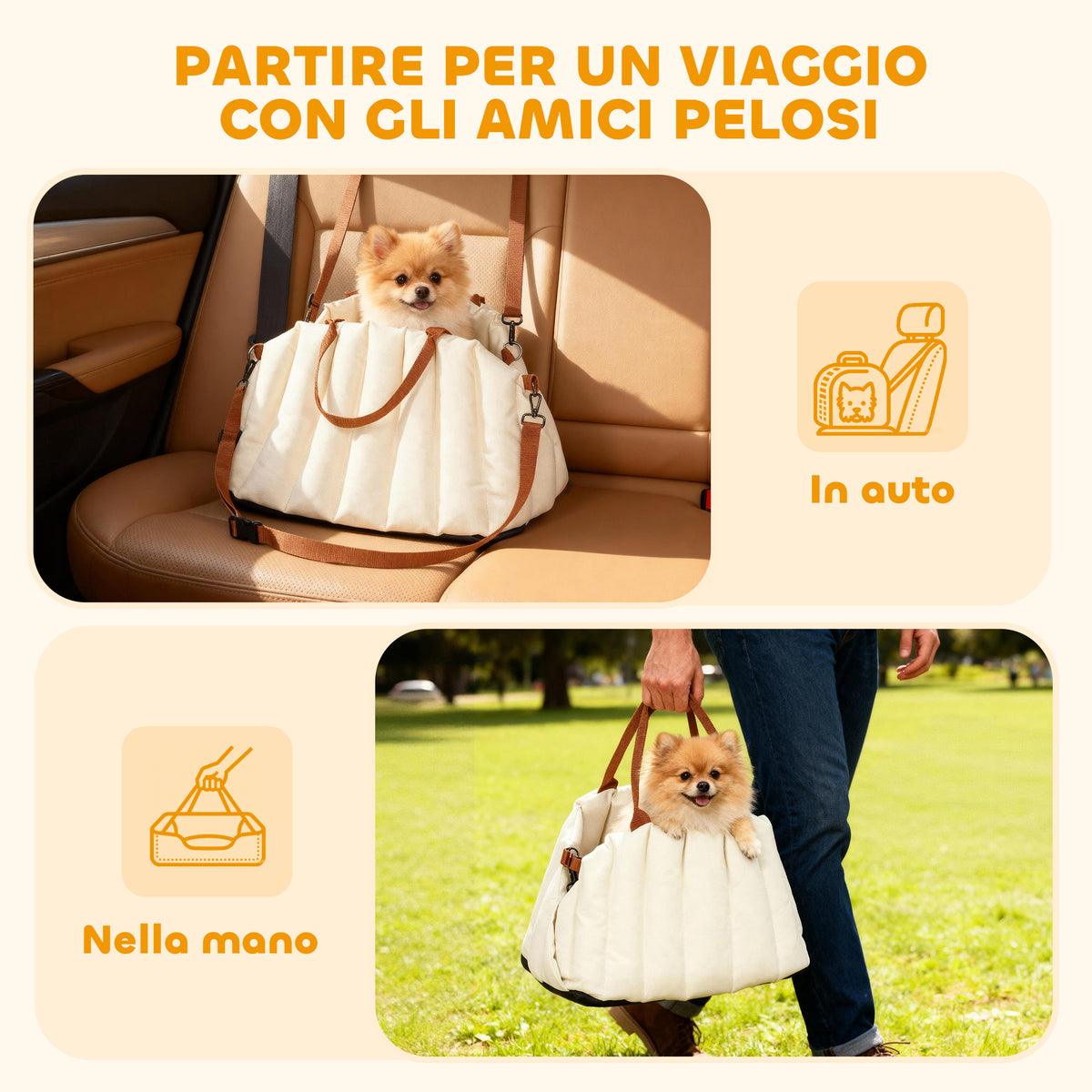 Seggiolino Auto per Cani Piccoli con Guinzaglio e Base Antiscivolo, Convertibile in Borsa per Animali, Crema
