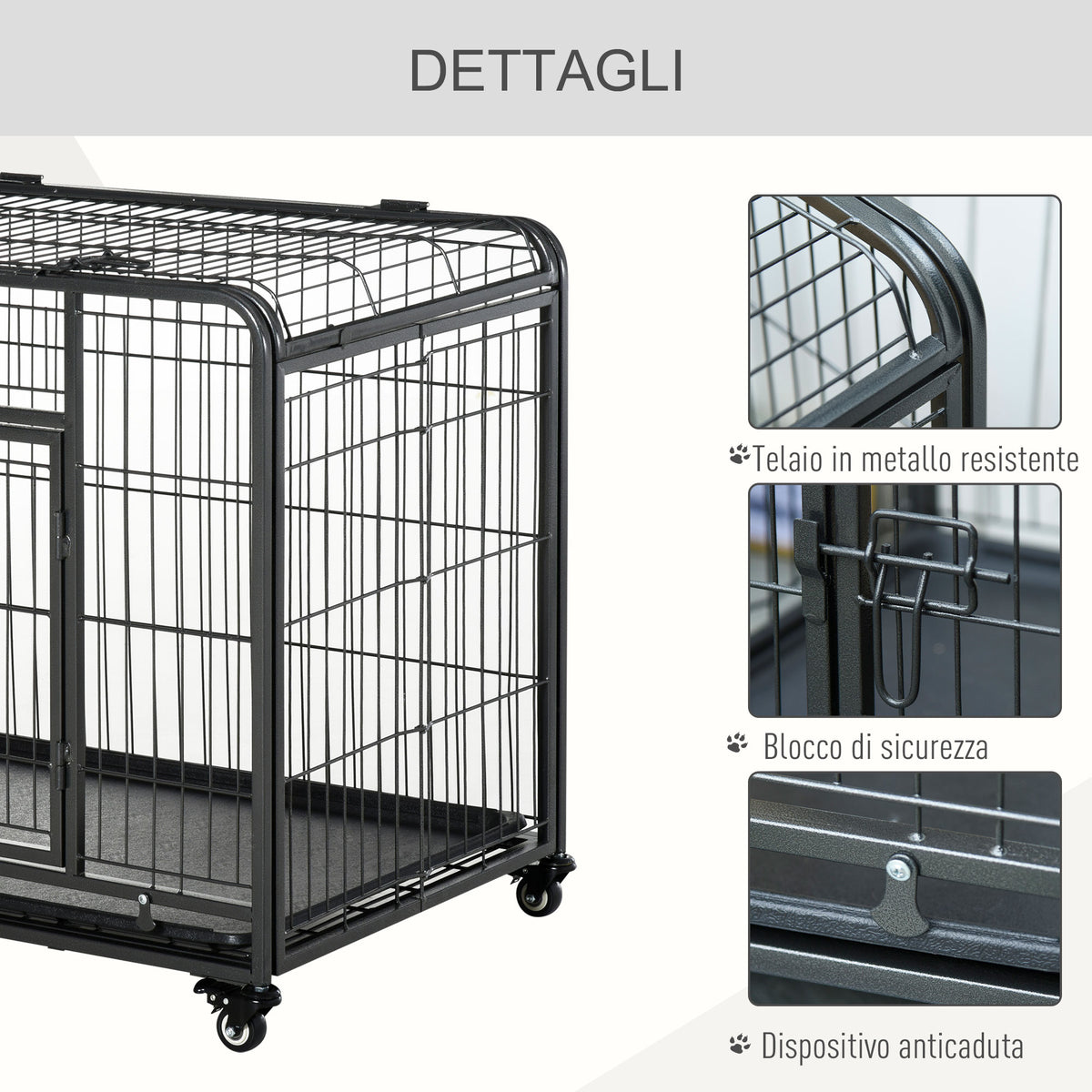 Kennel Gabbia per Cani Pieghevole Doppia Porta con Blocco 4 Ruote con Freno e Fondo Rimovibile, 109.5x71x78cm