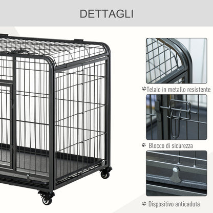 Kennel Gabbia per Cani Pieghevole Doppia Porta con Blocco 4 Ruote con Freno e Fondo Rimovibile, 109.5x71x78cm