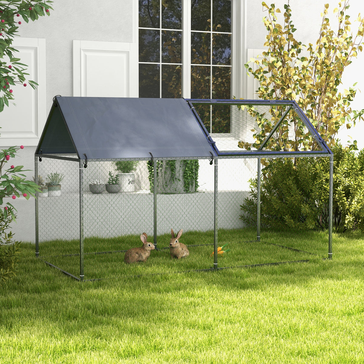 Gabbia per Animali in Acciaio con Tetto in Tessuto Oxford e Picchetti, 198x100x120 cm, Verde e Argento