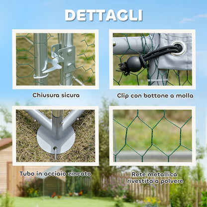 Recinto per Galline da 10.2m per 10-15 Galline con Tetto Impermeabile, in Acciaio e Tessuto, 3x3.4x1.9 m, Argento