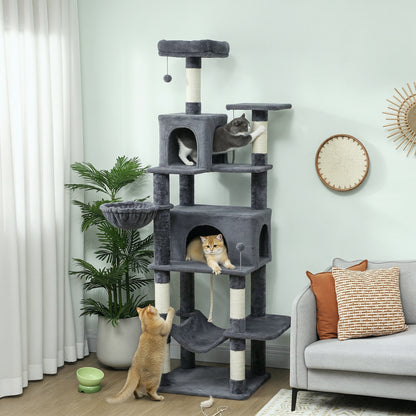 Albero Tiragraffi per Gatti Alto 202 cm con 6 Pali in Sisal, 2 Casette, 2 Amache e Lettino, Grigio