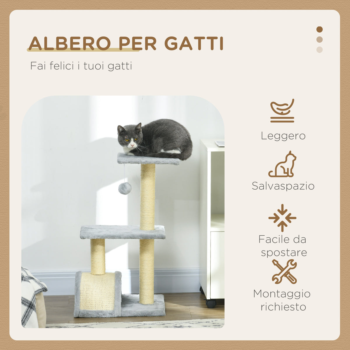 Albero per Gatti a 3 Livelli con Tiragraffi, Peluche e Sisal, 40x35x72 cm, Grigio Chiaro