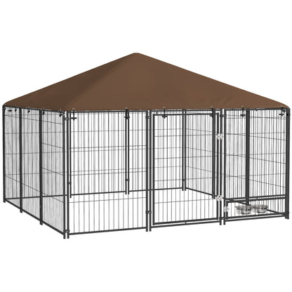 Recinto per Cani in Metallo e Tessuto Oxford con Porticina per Ciotole, 211x211x151 cm, Nero e Marrone