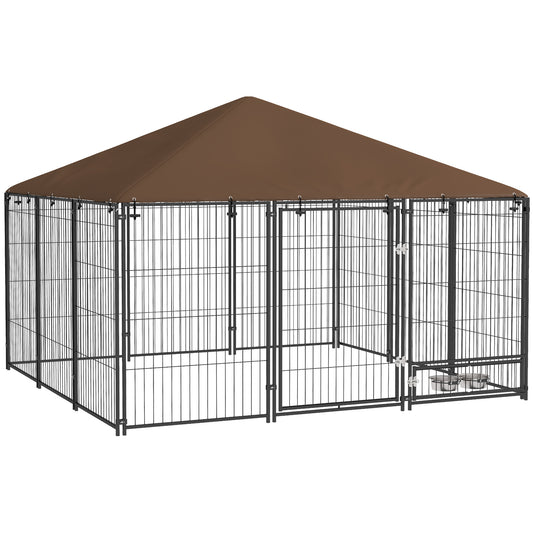 Recinto per Cani in Metallo e Tessuto Oxford con Porticina per Ciotole, 211x211x151 cm, Nero e Marrone