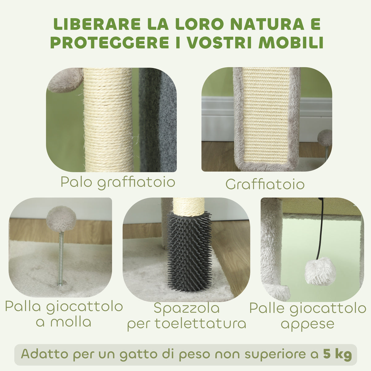 Albero per Gatti Multilivello Alto 104 cm con Casetta, Lettino, Pali Tiragraffi, Spazzola e Pallina, Grigio
