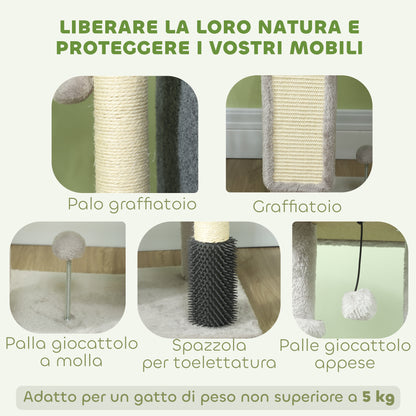 Albero per Gatti Multilivello Alto 104 cm con Casetta, Lettino, Pali Tiragraffi, Spazzola e Pallina, Grigio