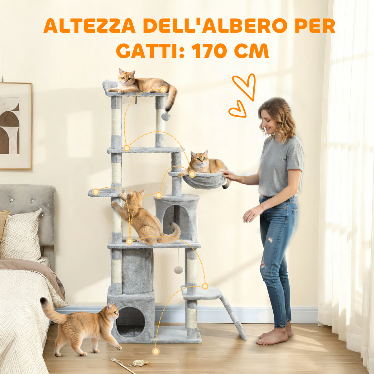 Albero Tiragraffi per Gatti con 2 Casette, Amaca, Tunnel, e Lettino, Pali in Sisal, 60x40x170 cm, Grigio