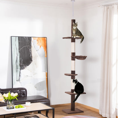 Albero Tiragraffi Multilivello a Soffitto con Amaca e Altezza Regolabile, 40x34x230-260cm, Marrone