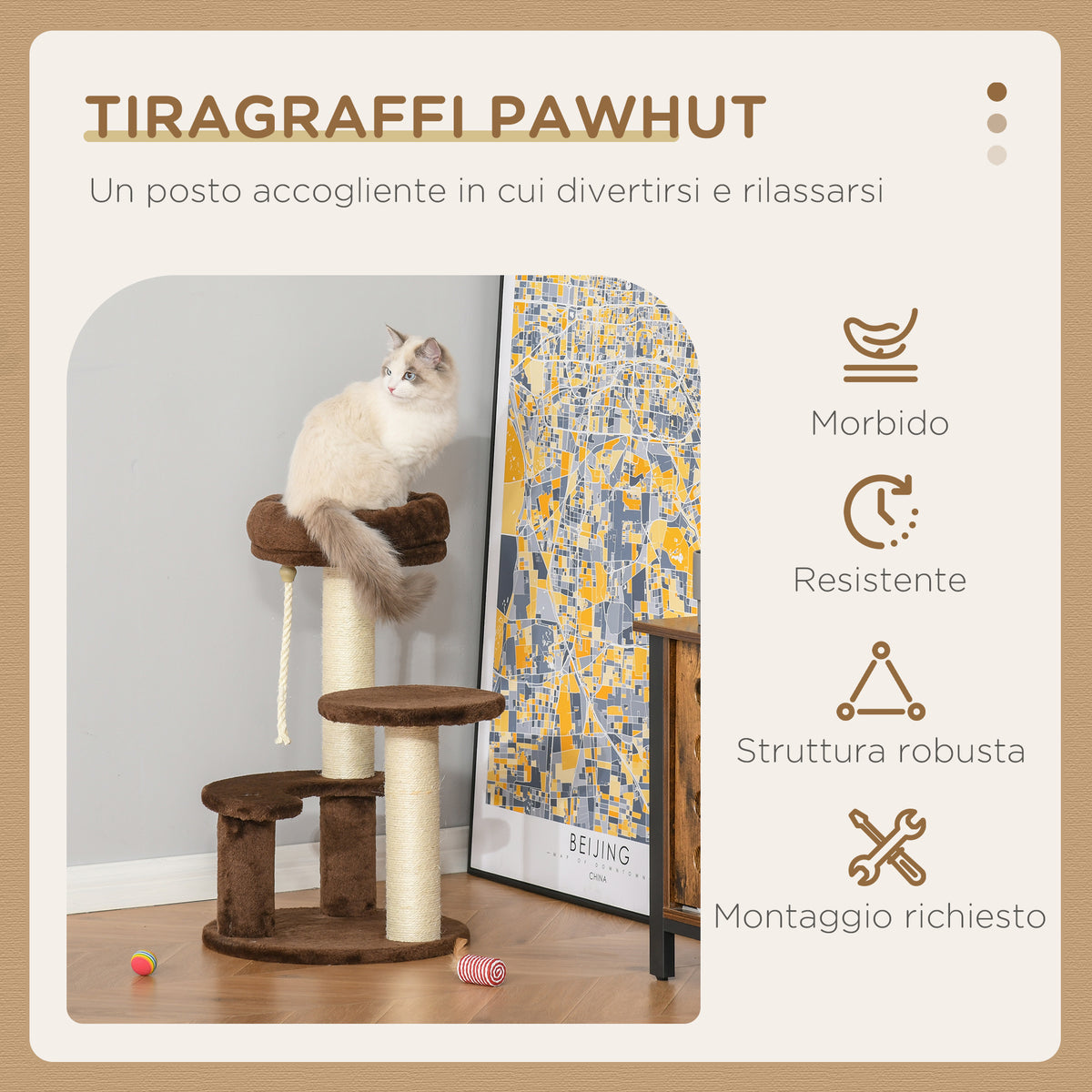 Albero Tiragraffi per Gatti a 3 Livelli con Lettino in Peluche e Pali in Sisal, 40x65 cm, Marrone