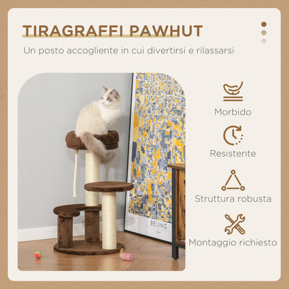 Albero Tiragraffi per Gatti a 3 Livelli con Lettino in Peluche e Pali in Sisal, 40x65 cm, Marrone