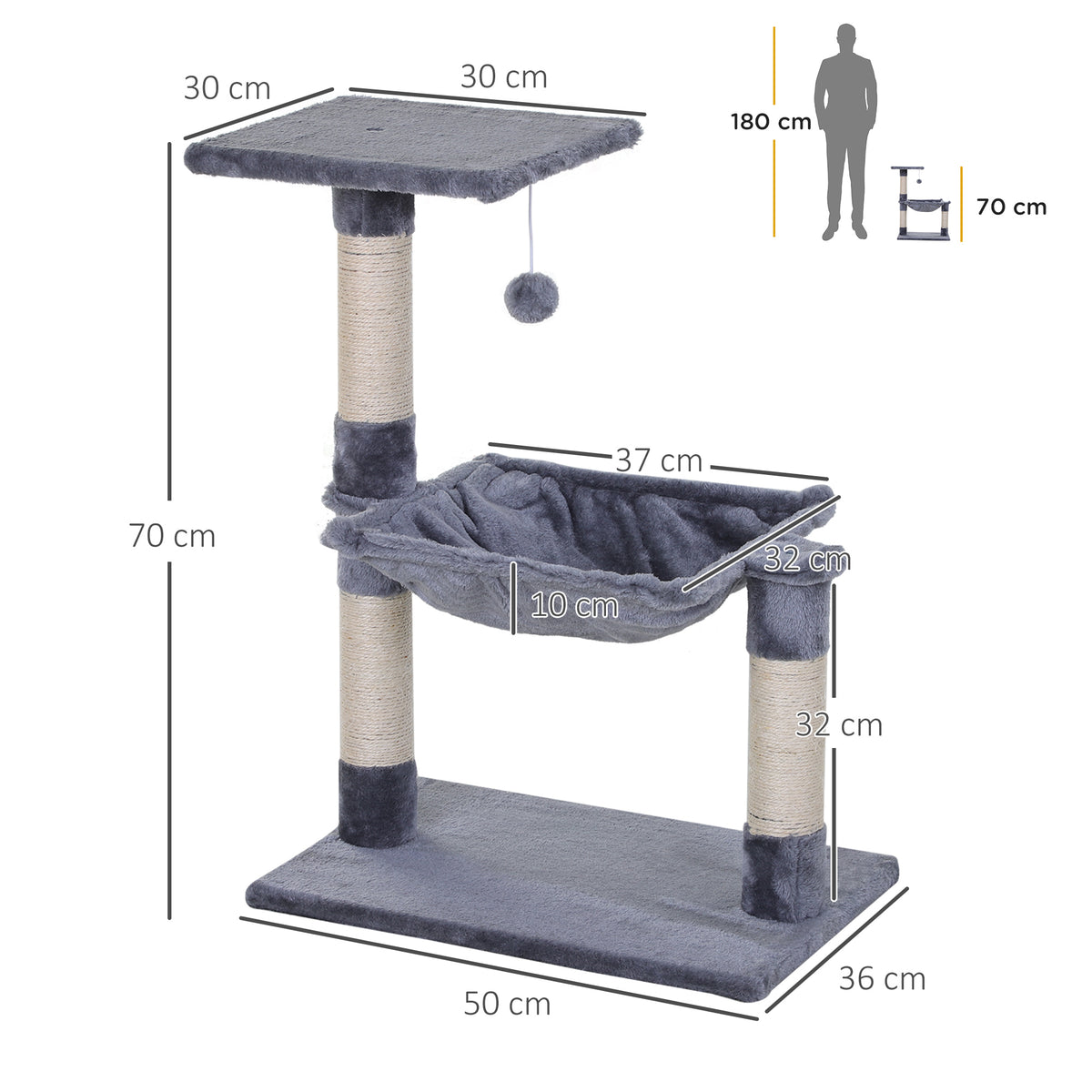 Tiragraffi per Gatti Multilivello con Amaca e Pallina, Legno e Peluche, 50x36x70cm, Grigio