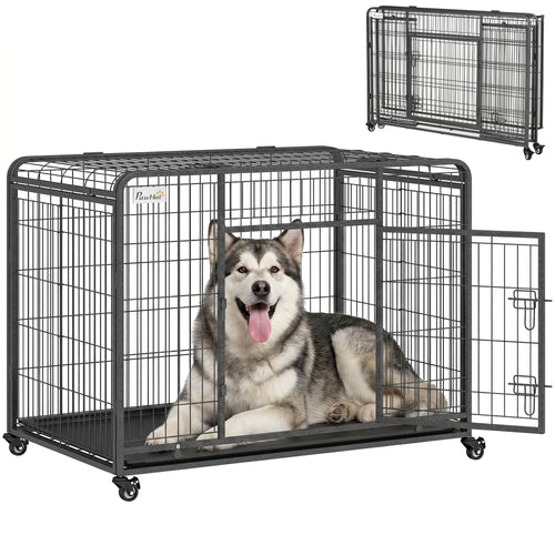 Kennel Gabbia per Cani Pieghevole a Doppia Porta con Blocco, Box per Cani con 4 Ruote con Freno e Fondo Rimovibile, 125x76x81cm, Grigio Scuro