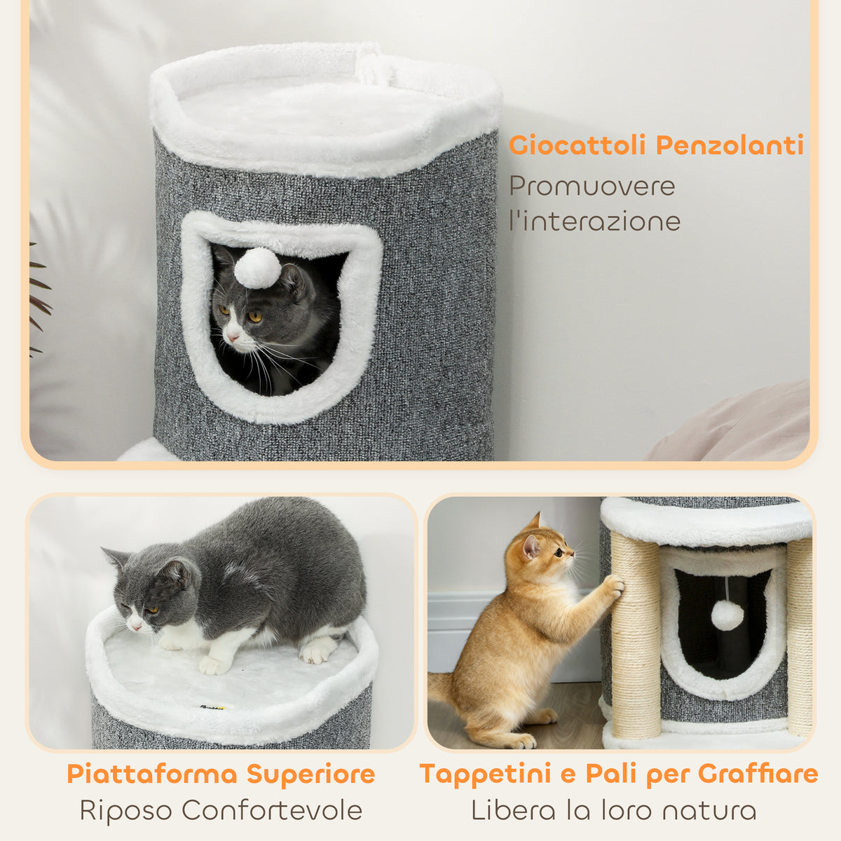 Albero Tiragraffi per Gatti Alto 76 cm con Casette, Lettino, Palline e Pali in Sisal, Grigio